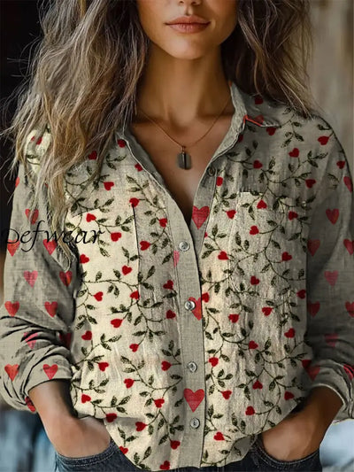 Retro Boho Floral Plant Heart-Shaped Printed Vintage Chic V-Neck Button Pocket Cotton Long Sleeve