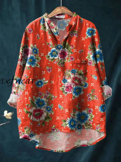 Retro Boho Floral Print Casual Long Sleeve Comfortable Cotton Shirt A / S