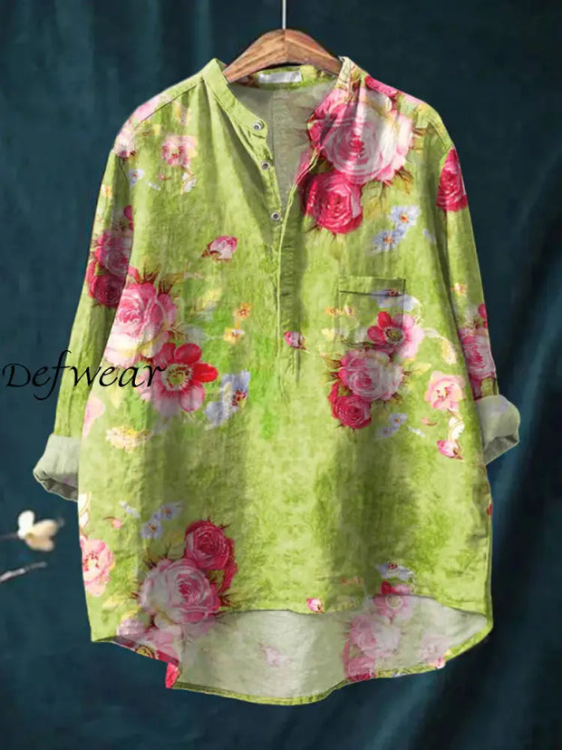 Retro Boho Floral Print Casual Long Sleeve Comfortable Cotton Shirt A / S