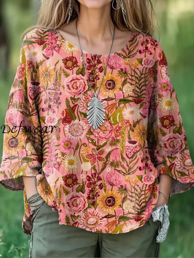 Retro Boho Floral Print Round Neck Pattern Vintage Loose Long Sleeve Top A / S