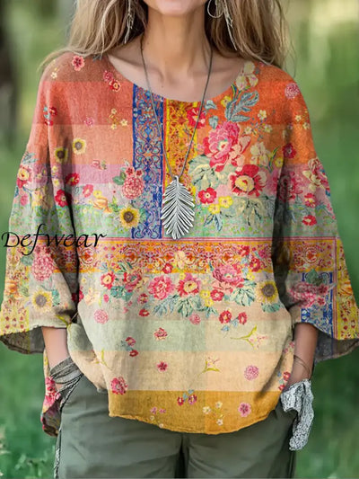 Retro Boho Floral Print Round Neck Pattern Vintage Loose Long Sleeve Top A / S