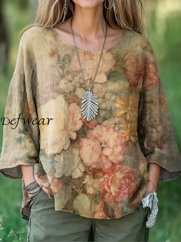 Retro Boho Floral Print Round Neck Pattern Vintage Loose Long Sleeve Top A / S