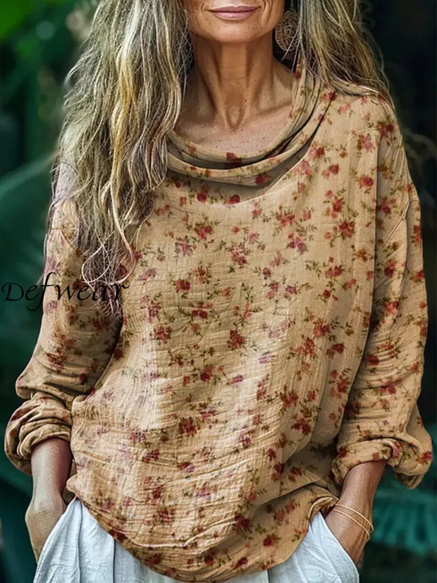 Retro Boho Floral Print Round Pile Collar Vintage Loose Long Sleeve Top A / S