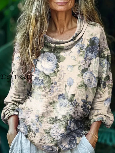 Retro Boho Floral Print Round Pile Collar Vintage Loose Long Sleeve Top A / S