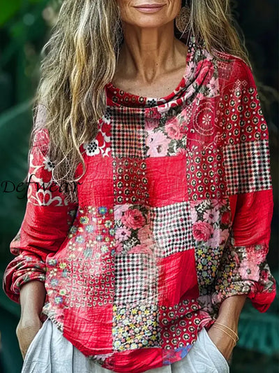 Retro Boho Floral Print Round Pile Collar Vintage Loose Long Sleeve Top A / S