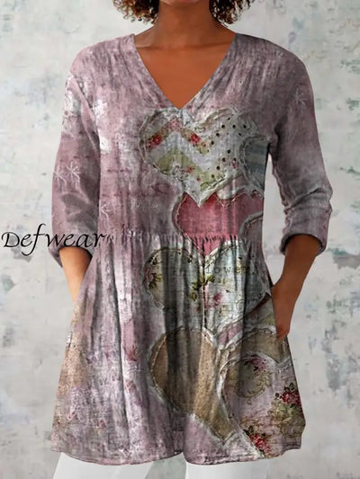 Retro Boho Floral Print V-Neck Pattern Vintage Loose Long Sleeve Top A / S