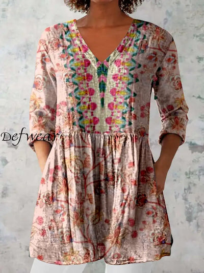 Retro Boho Floral Print V-Neck Pattern Vintage Loose Long Sleeve Top A / S