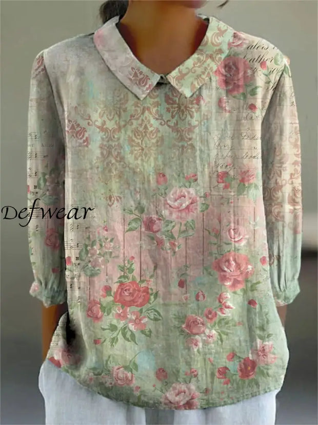 Retro Boho Floral Print Vintage Casual Round Collar Long Sleeve Shirt A / S