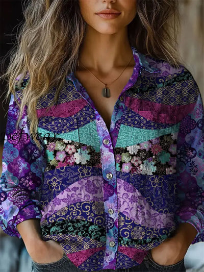 Retro Boho Floral Print Vintage Chic V-Neck Button Up Long Sleeve Shirt A / S