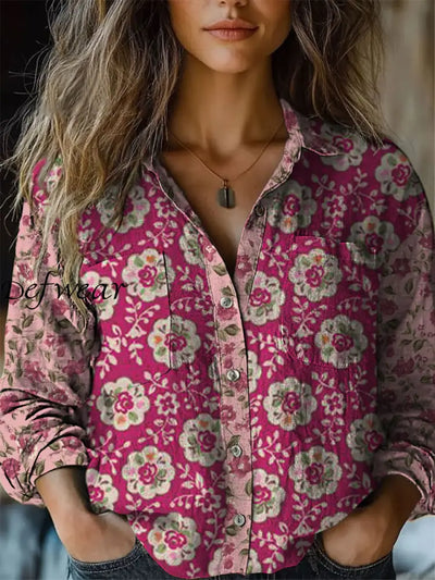 Retro Boho Floral Print Vintage Chic V-Neck Button Up Long Sleeve Shirt A / S