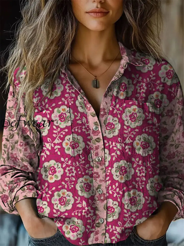 Retro Boho Floral Print Vintage Chic V-Neck Button Up Long Sleeve Shirt A / S