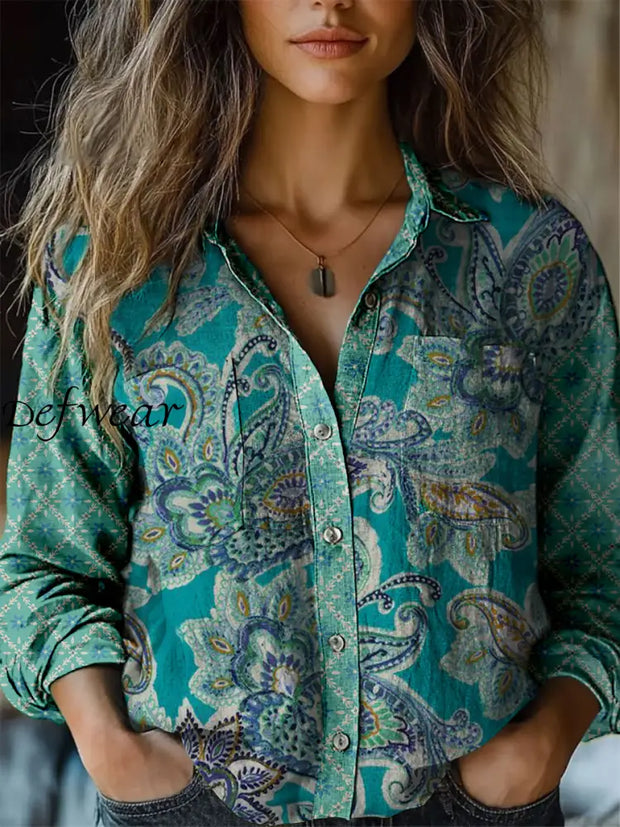 Retro Boho Floral Print Vintage Chic V-Neck Button Up Long Sleeve Shirt A / S