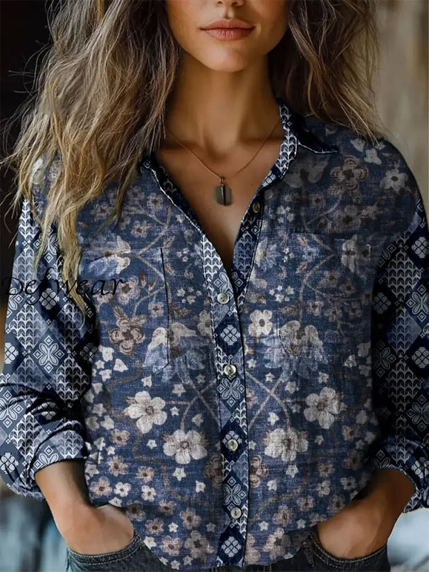 Retro Boho Floral Print Vintage Chic V-Neck Button Up Long Sleeve Shirt A / S