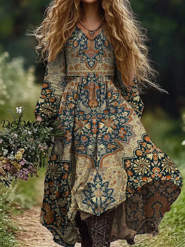 Retro Boho Floral Print Vintage Chic V-Neck Cotton Long Sleeve Midi Dress A / S