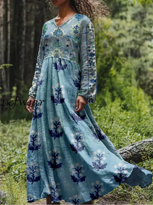 Retro Boho Floral Print Vintage Chic V-Neck Cotton Long Sleeve Midi Dress A / S