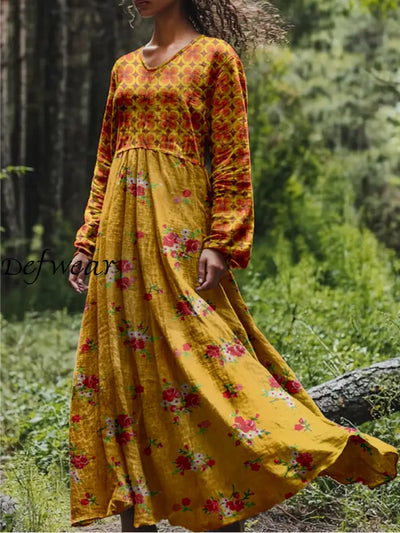 Retro Boho Floral Print Vintage Chic V-Neck Cotton Long Sleeve Midi Dress A / S