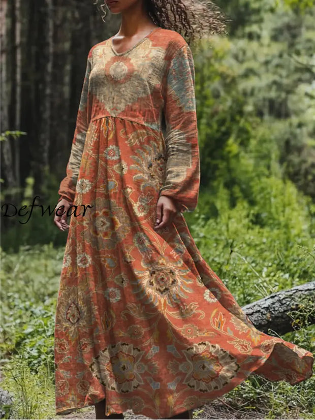 Retro Boho Floral Print Vintage Chic V-Neck Cotton Long Sleeve Midi Dress A / S