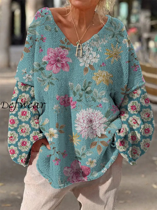 Retro Boho Floral Print Vintage Loose Chic V-Neck Long Sleeve Thick Knit Sweater A / S