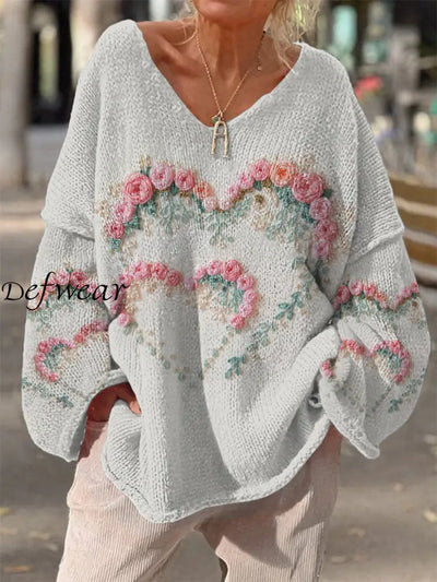 Retro Boho Floral Print Vintage Loose Chic V-Neck Long Sleeve Thick Knit Sweater A / S