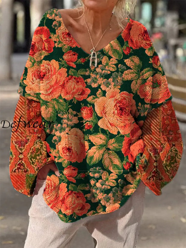 Retro Boho Floral Print Vintage Loose Chic V-Neck Long Sleeve Thick Knit Sweater A / S