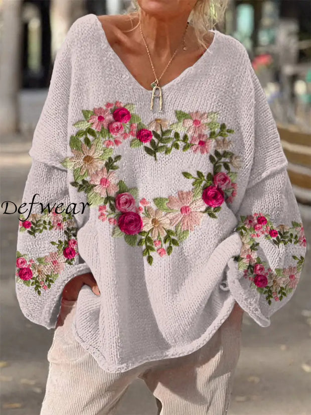 Retro Boho Floral Print Vintage Loose Chic V-Neck Long Sleeve Thick Knit Sweater A / S