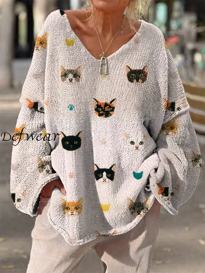 Retro Boho Floral Print Vintage Loose Chic V-Neck Long Sleeve Thick Knit Sweater A / S