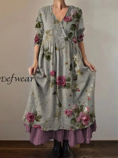 Retro Boho Floral Print Vintage V-Neck Double Hemline Cotton Long Sleeve Midi Dress A / S