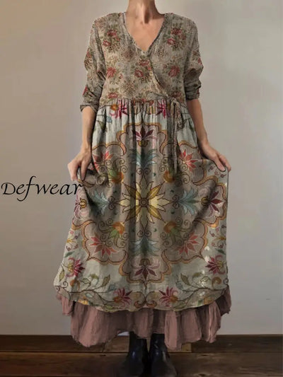 Retro Boho Floral Print Vintage V-Neck Double Hemline Cotton Long Sleeve Midi Dress A / S