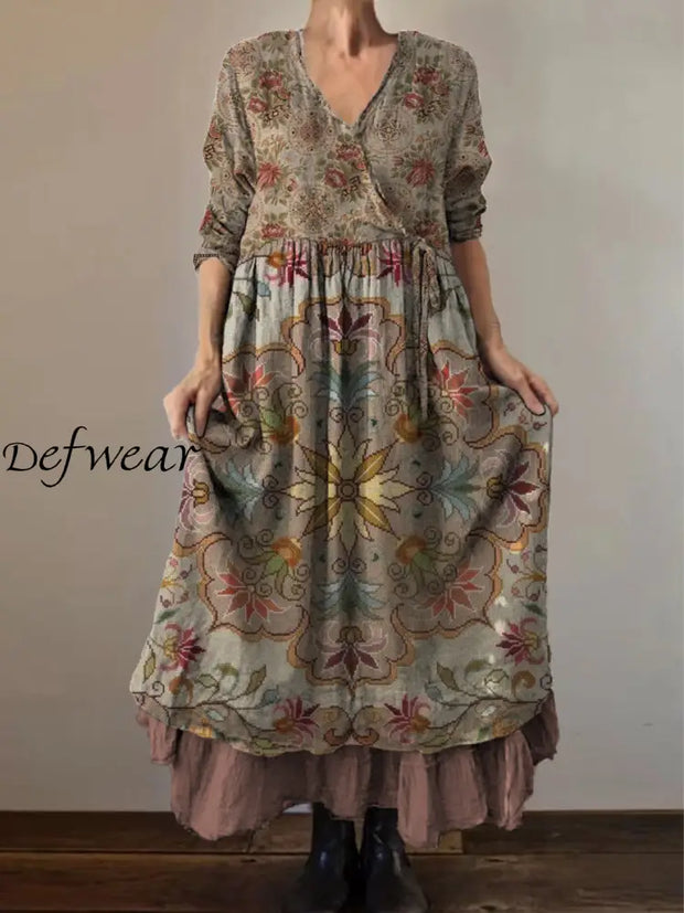 Retro Boho Floral Print Vintage V-Neck Double Hemline Cotton Long Sleeve Midi Dress A / S