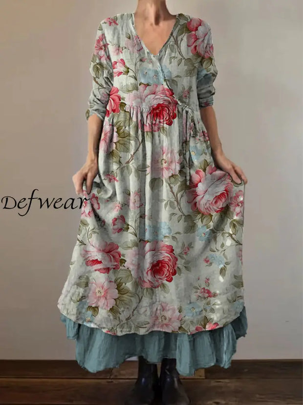 Retro Boho Floral Print Vintage V-Neck Double Hemline Cotton Long Sleeve Midi Dress A / S