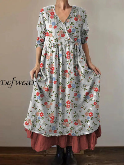 Retro Boho Floral Print Vintage V-Neck Double Hemline Cotton Long Sleeve Midi Dress A / S