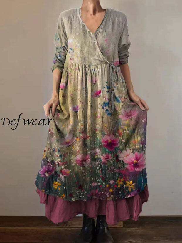 Retro Boho Floral Print Vintage V-Neck Double Hemline Cotton Long Sleeve Midi Dress A / S