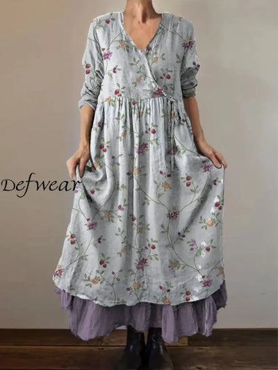 Retro Boho Floral Print Vintage V-Neck Double Hemline Cotton Long Sleeve Midi Dress A / S