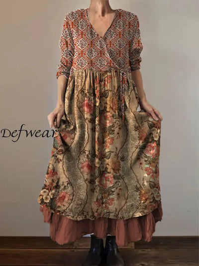 Retro Boho Floral Print Vintage V-Neck Double Hemline Cotton Long Sleeve Midi Dress A / S