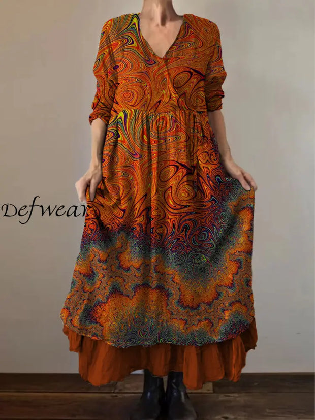 Retro Boho Floral Print Vintage V-Neck Double Hemline Cotton Long Sleeve Midi Dress A / S