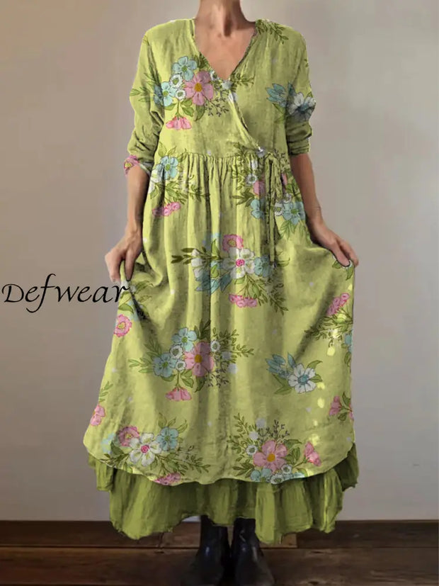 Retro Boho Floral Print Vintage V-Neck Double Hemline Cotton Long Sleeve Midi Dress A / S