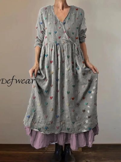 Retro Boho Floral Print Vintage V-Neck Double Hemline Cotton Long Sleeve Midi Dress A / S