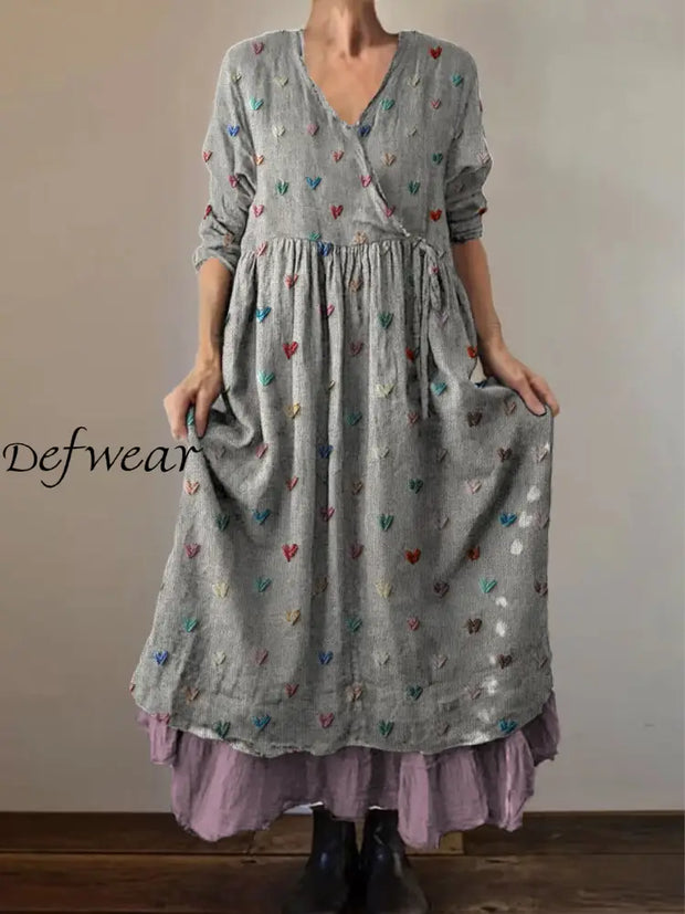 Retro Boho Floral Print Vintage V-Neck Double Hemline Cotton Long Sleeve Midi Dress A / S