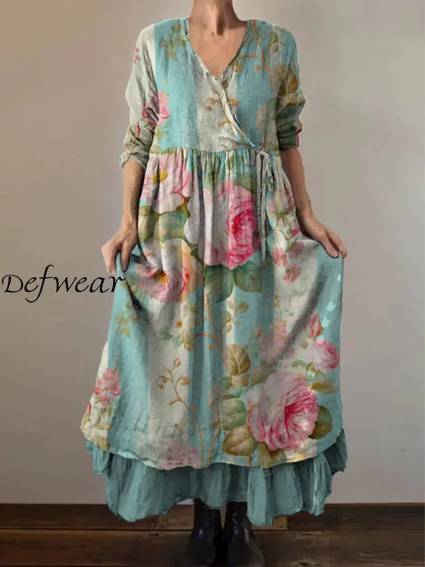 Retro Boho Floral Print Vintage V-Neck Double Hemline Cotton Long Sleeve Midi Dress A / S