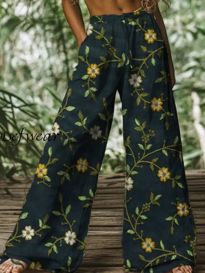 Retro Boho Floral Printed Casual Loose Cotton Straight Wide Pants A / S