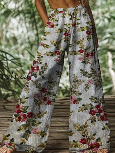 Retro Boho Floral Printed Casual Loose Cotton Straight Wide Pants A / S