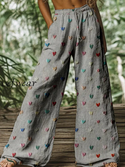 Retro Boho Floral Printed Casual Loose Cotton Straight Wide Pants A / S