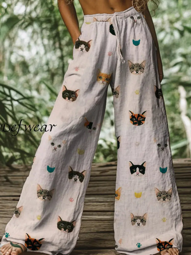 Retro Boho Floral Printed Casual Loose Cotton Straight Wide Pants A / S