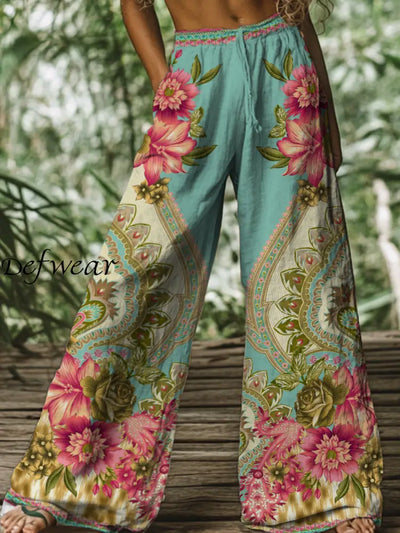 Retro Boho Floral Printed Casual Loose Cotton Straight Wide Pants A / S