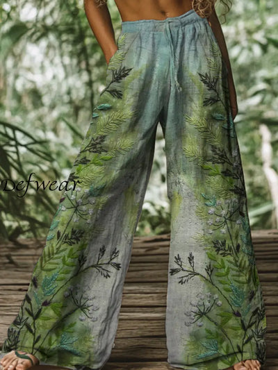 Retro Boho Floral Printed Casual Loose Cotton Straight Wide Pants A / S