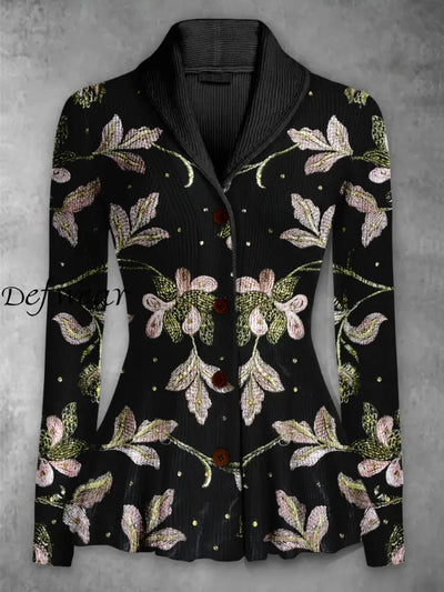 Retro Boho Floral Printed Elegant Lapel V-Neck Button Up Thick Knit Long-Sleeved Cardigan Sweater A