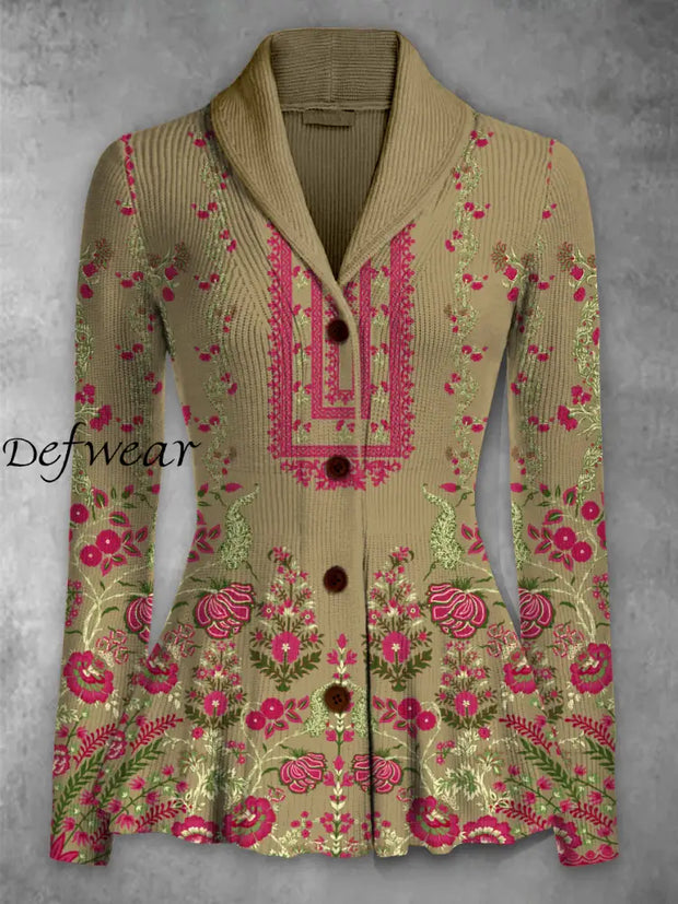 Retro Boho Floral Printed Elegant Lapel V-Neck Button Up Thick Knit Long-Sleeved Cardigan Sweater A