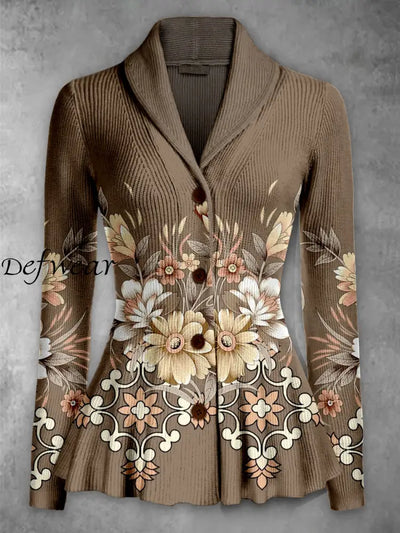 Retro Boho Floral Printed Elegant Lapel V-Neck Button Up Thick Knit Long-Sleeved Cardigan Sweater A