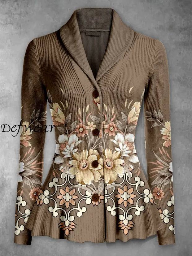 Retro Boho Floral Printed Elegant Lapel V-Neck Button Up Thick Knit Long-Sleeved Cardigan Sweater A