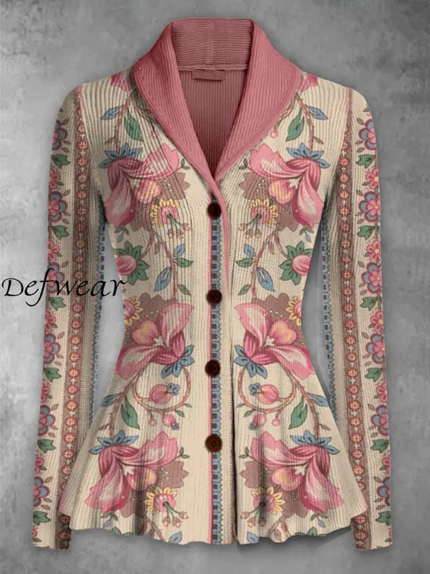 Retro Boho Floral Printed Elegant Lapel V-Neck Button Up Thick Knit Long-Sleeved Cardigan Sweater A